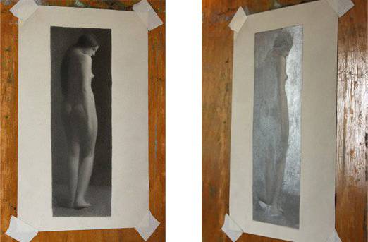 The same figure drawing at two different angles showing graphite glare or graphite shine: how much light is reflected off of the darkest areas of the drawing.